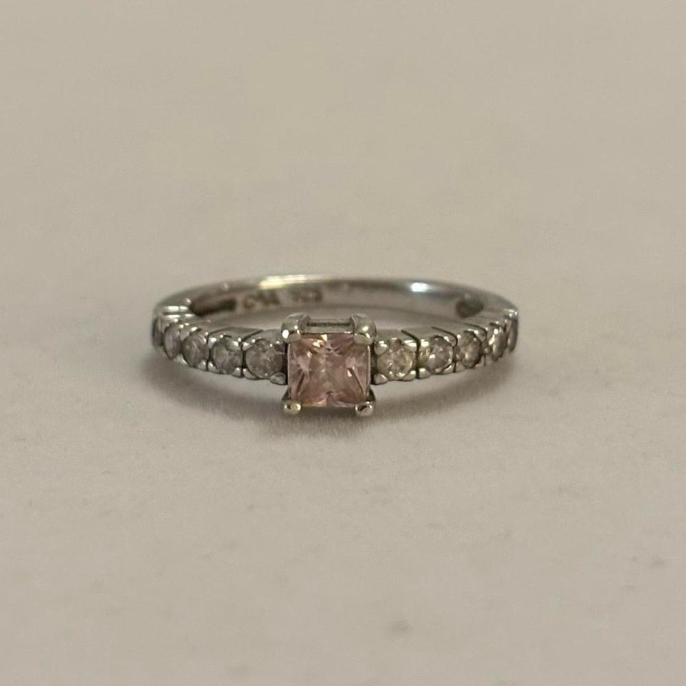 CAA 925 Sterling Silver Pink Gemstone & Faux Diamond Pave Engagement Ring Sz 6